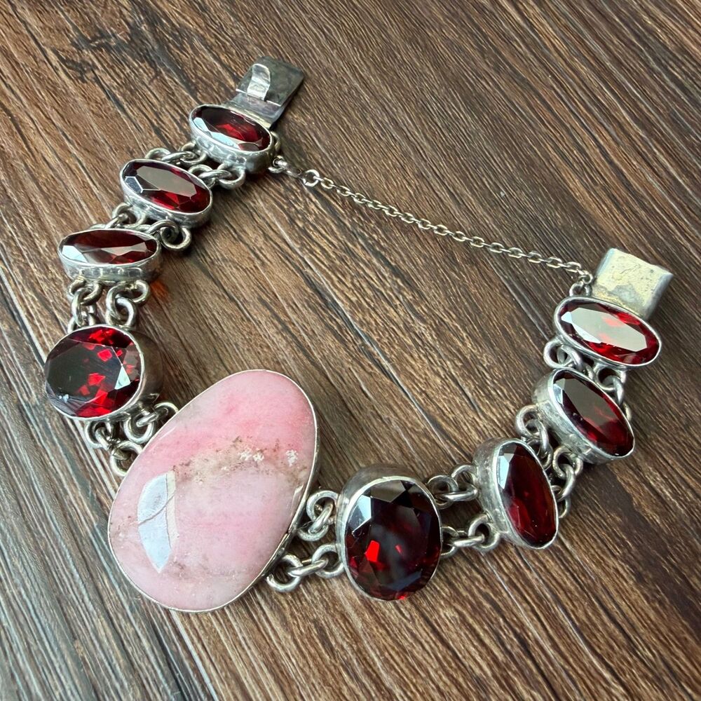 Vintage Pink Opal & Garnet Red Glass Sterling Silver Bracelet 6.5” 925 AP, 47g